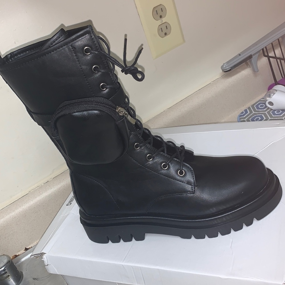 Black Pu Pocket Side Lace Up Biker Boots